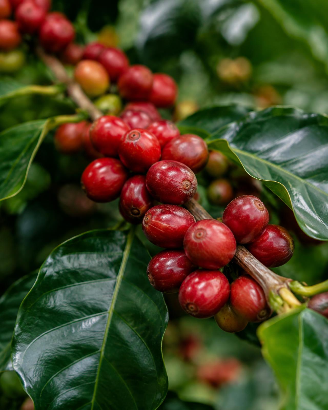 Ripe red coffee cherries on the branch