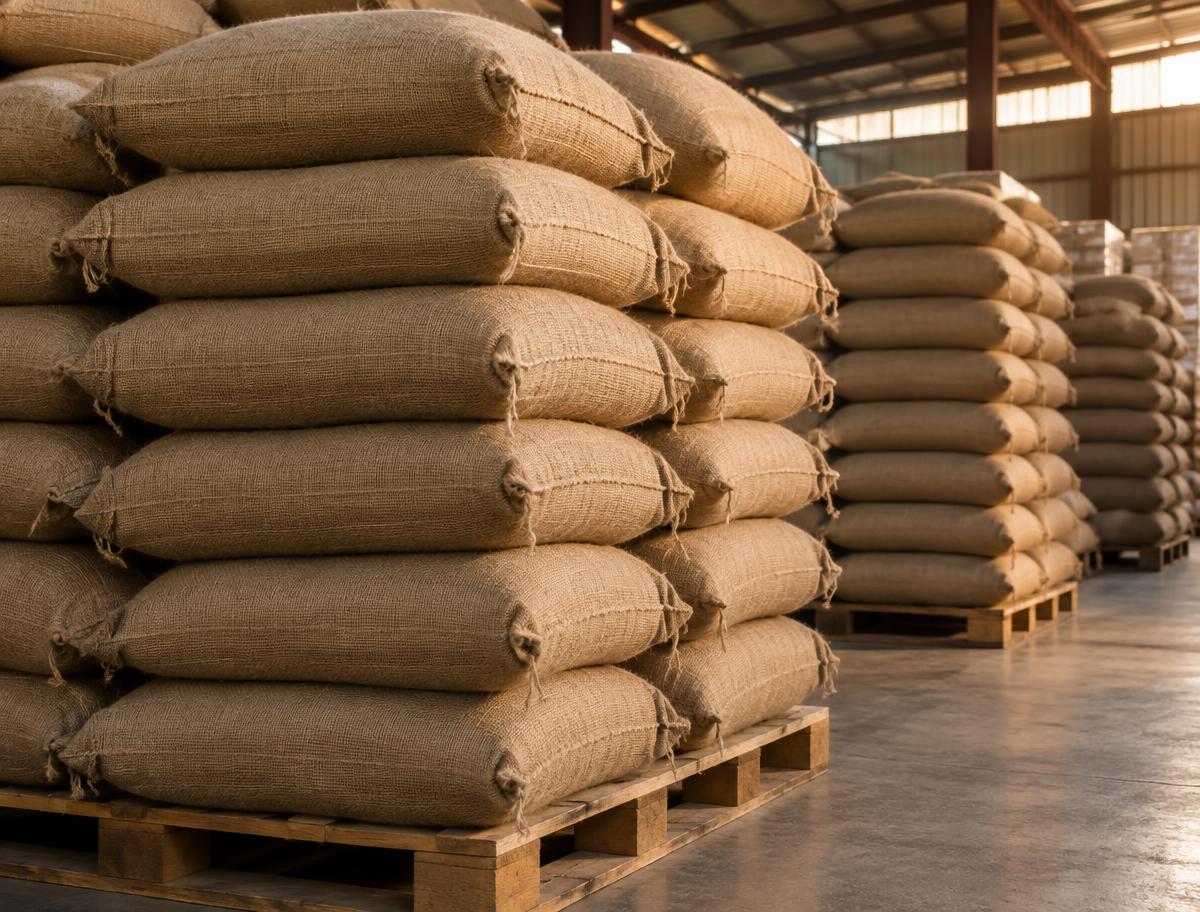 Jute coffee sacks stacked for shipment