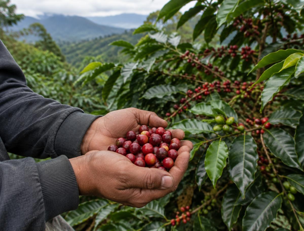 Hands holding freshly picked coffee cherries on a mountain farm